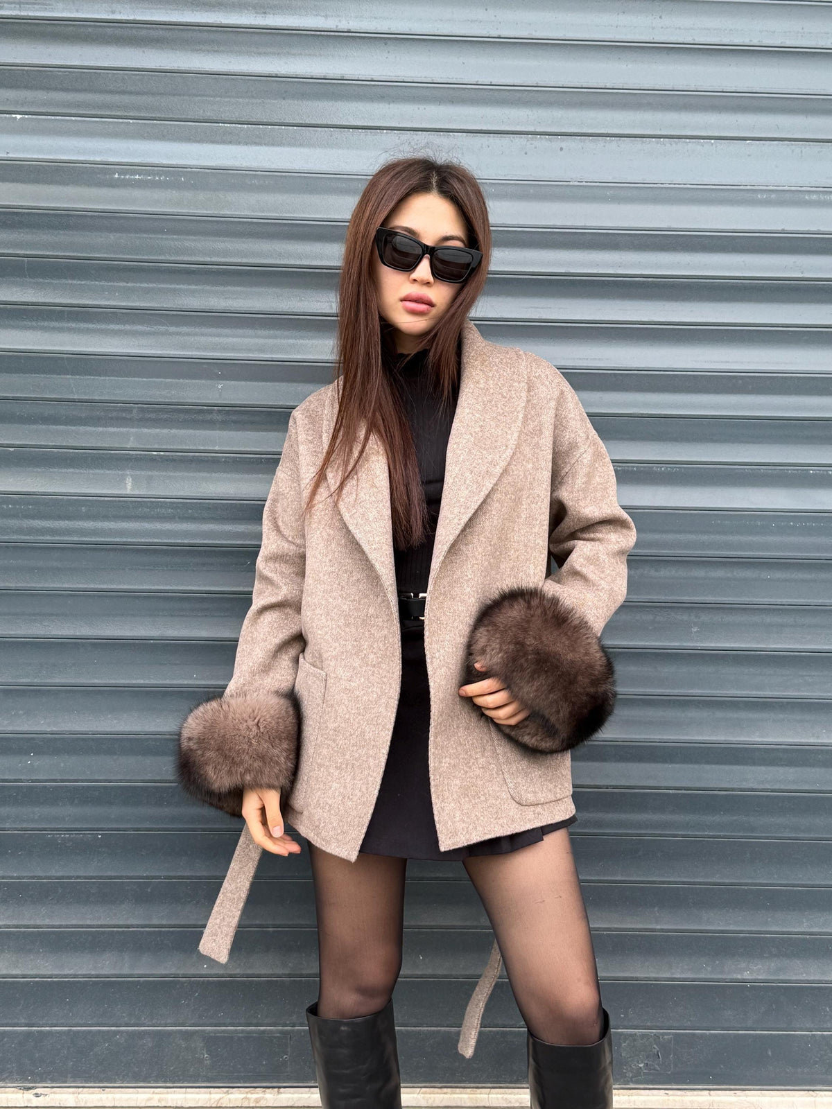 Beige Short Alpaca Wool Coat, Women Fox Fur Jacket. - Cuffs Fox Fur Jacket.. Soft Fox Fur.. Fox Fur