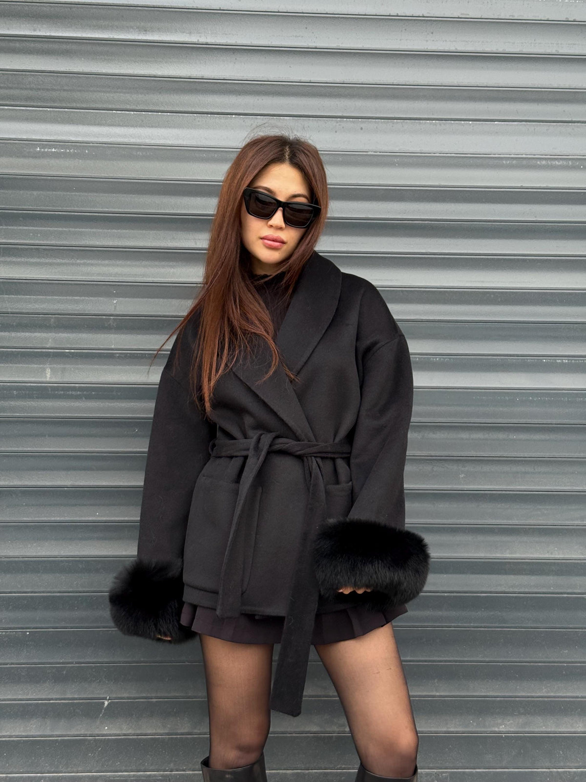 Black Short Alpaca Wool Coat, Cuffs Fox Fur Jacket, Women Fox Fur Jacket. - Fox Fur