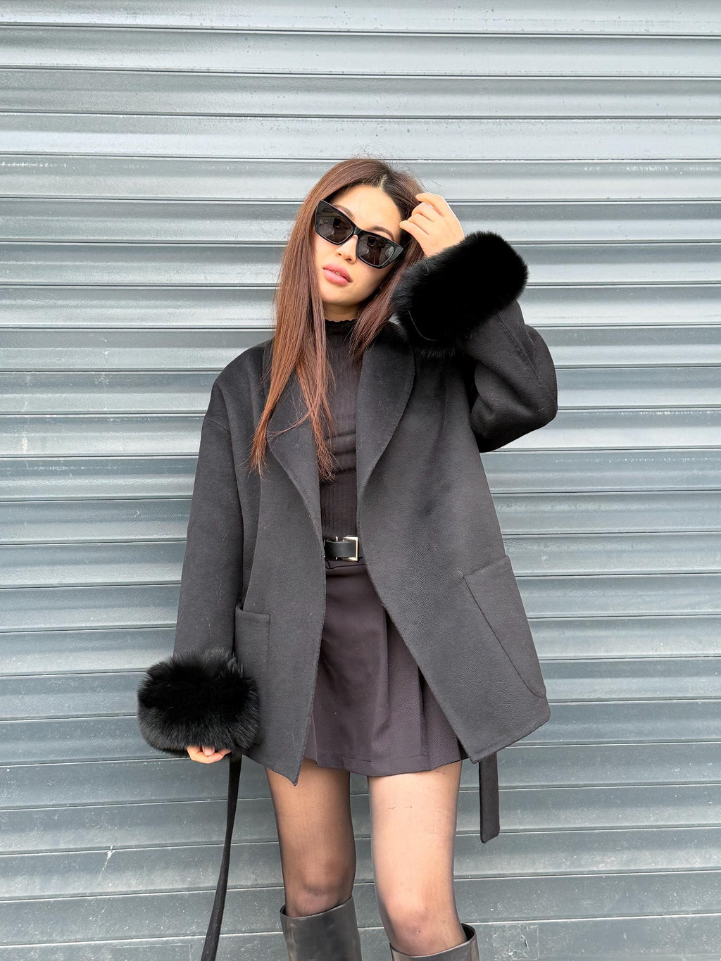 Black Short Alpaca Wool Coat, Cuffs Fox Fur Jacket, Women Fox Fur Jacket. - Fox Fur
