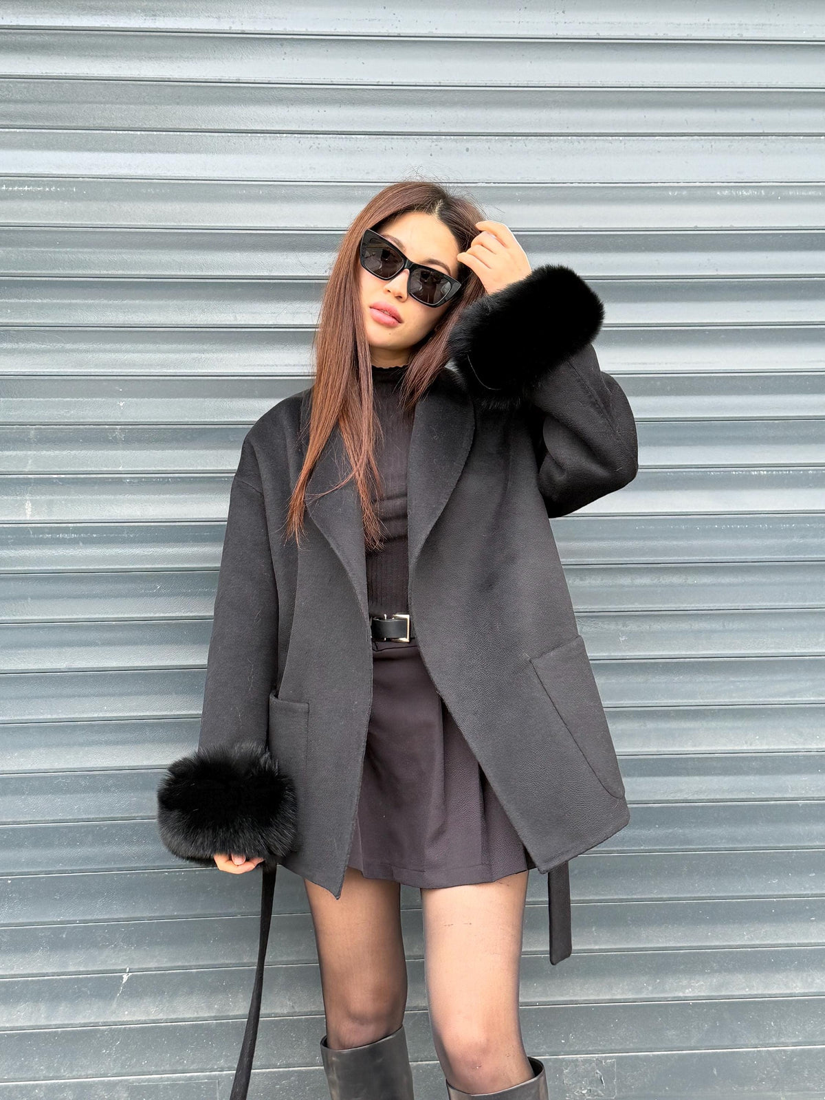 Black Short Alpaca Wool Coat, Cuffs Fox Fur Jacket, Women Fox Fur Jacket. - Fox Fur