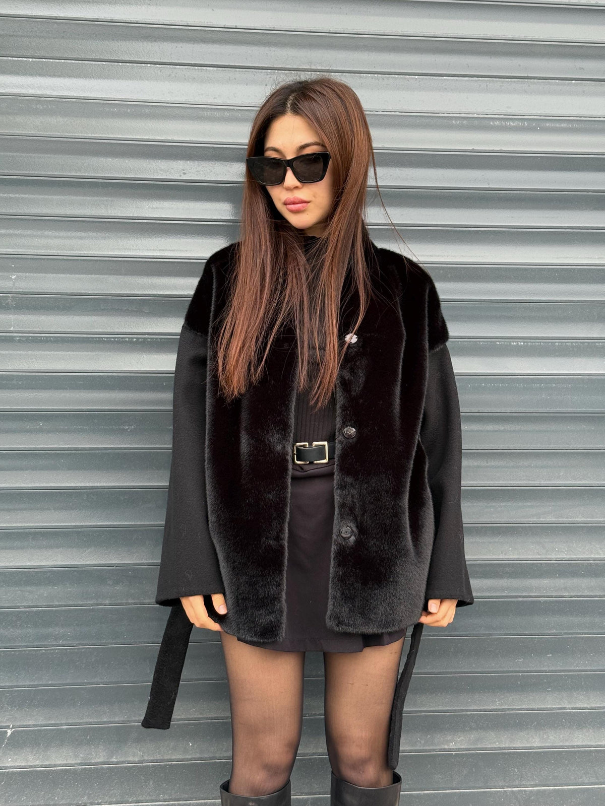 Black Short Zibellino Alpaca Wool Jacket, Short Front Faux Mink Fur Coat