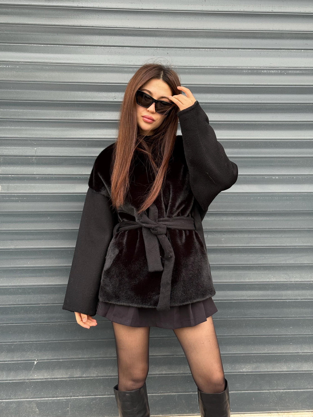 Black Short Zibellino Alpaca Wool Jacket, Short Front Faux Mink Fur Coat