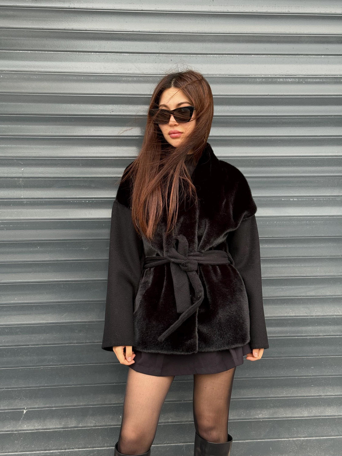 Black Short Zibellino Alpaca Wool Jacket, Short Front Faux Mink Fur Coat