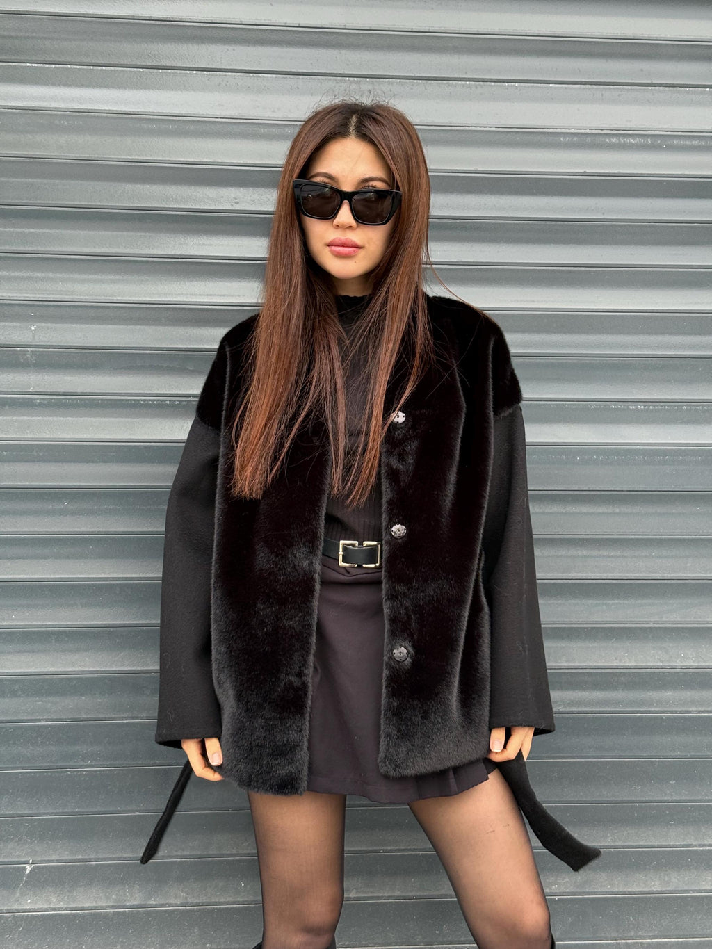 Black Short Zibellino Alpaca Wool Jacket, Short Front Faux Mink Fur Coat