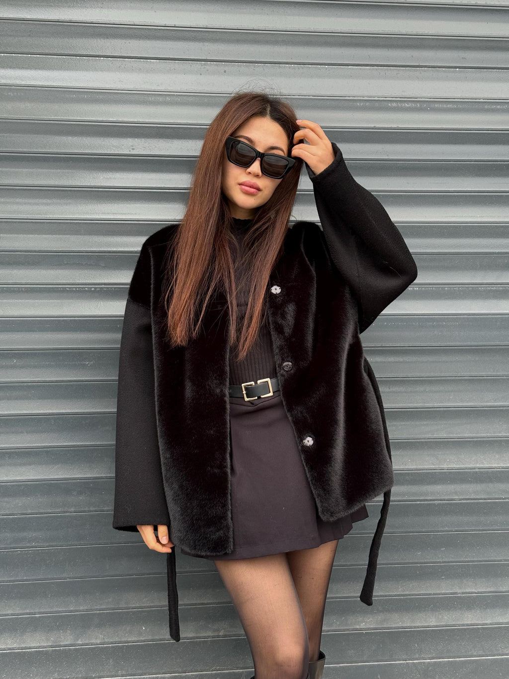 Black Short Zibellino Alpaca Wool Jacket, Short Front Faux Mink Fur Coat