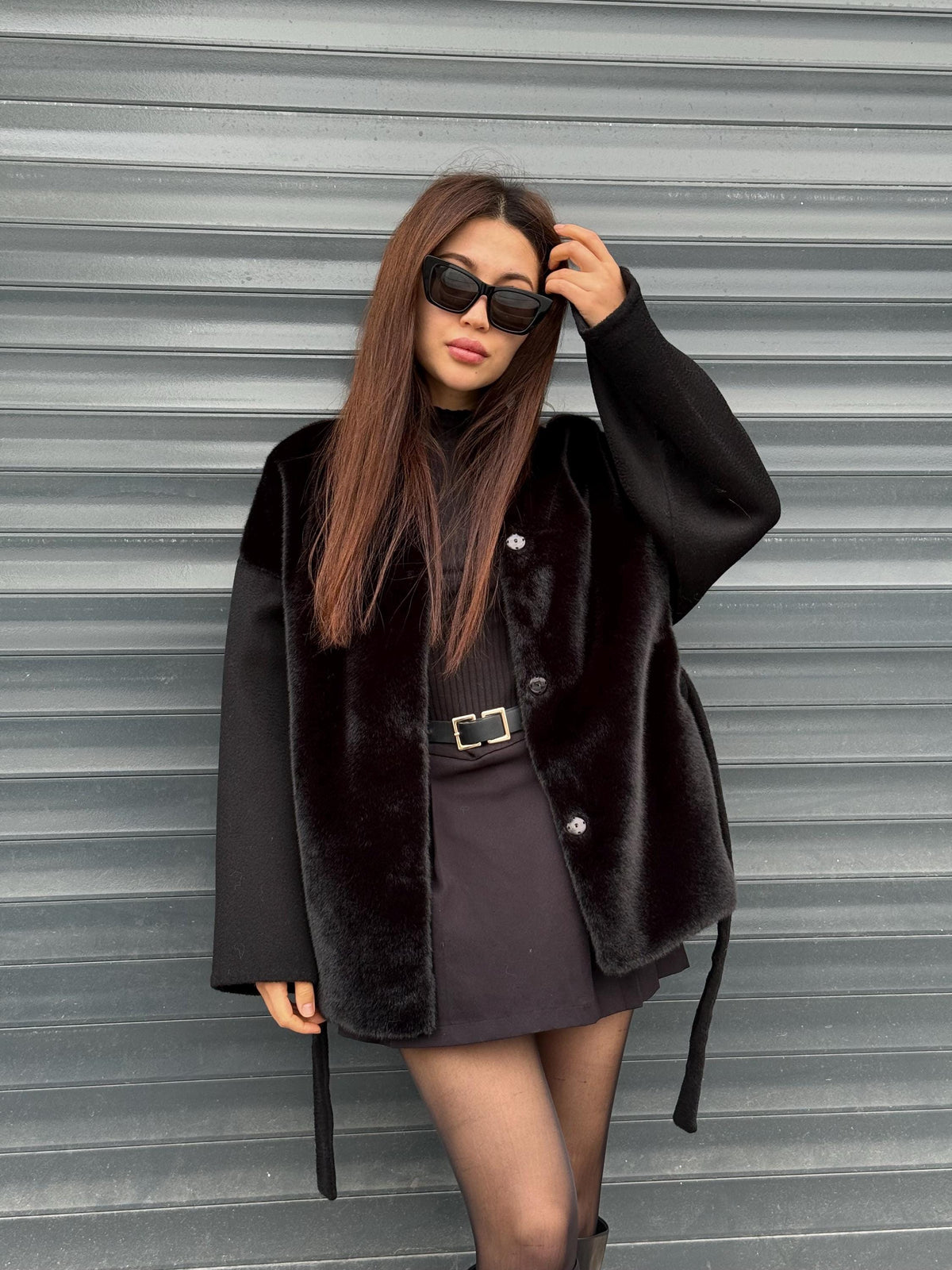 Black Short Zibellino Alpaca Wool Jacket, Short Front Faux Mink Fur Coat