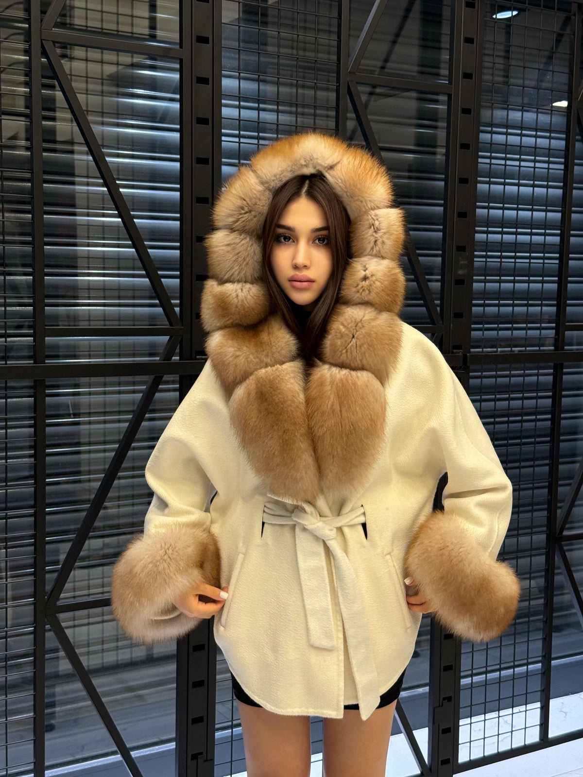 White Zibellino Virgin Wool Alpaca Coat, Women’s Hood Cuffs Fox Fur Jacket