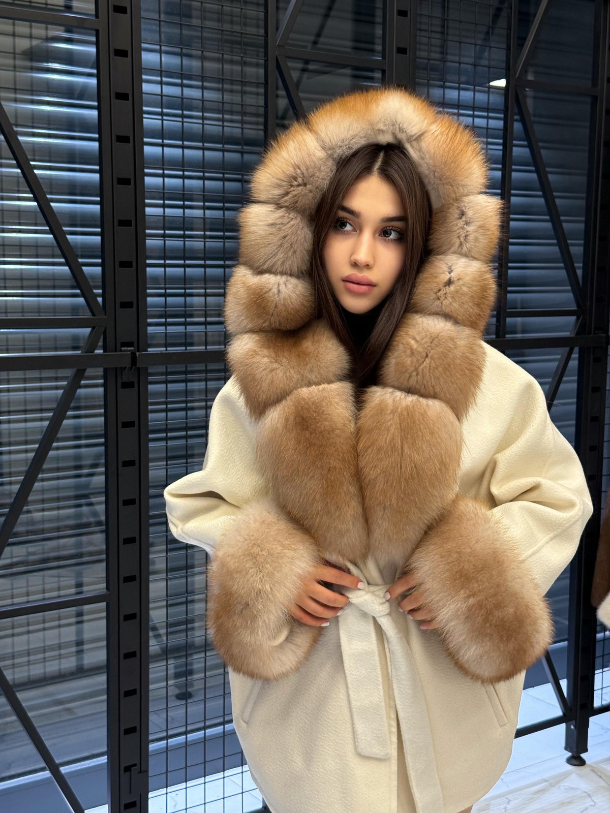 White Zibellino Virgin Wool Alpaca Coat, Women’s Hood Cuffs Fox Fur Jacket