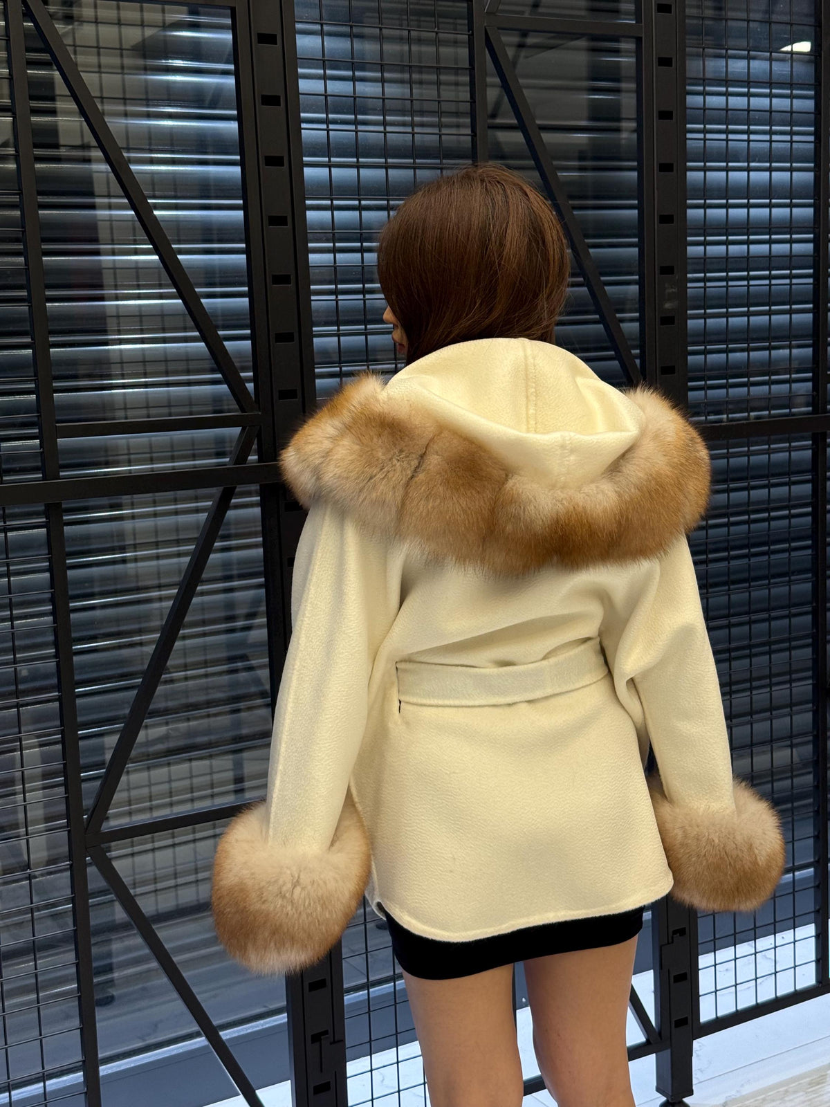White Zibellino Virgin Wool Alpaca Coat, Women’s Hood Cuffs Fox Fur Jacket