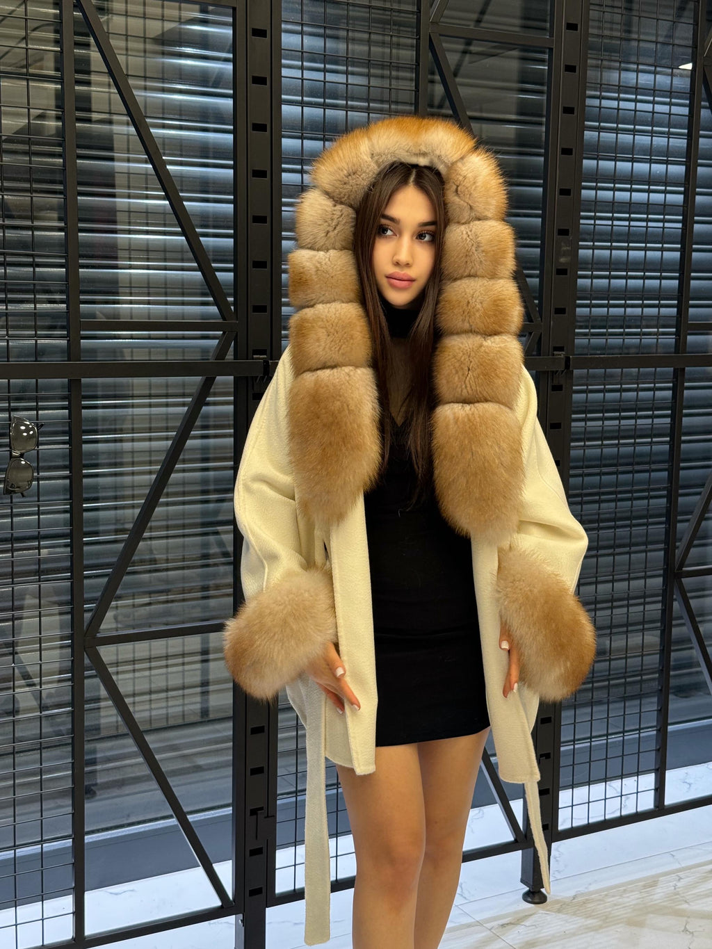 White Zibellino Virgin Wool Alpaca Coat, Women’s Hood Cuffs Fox Fur Jacket