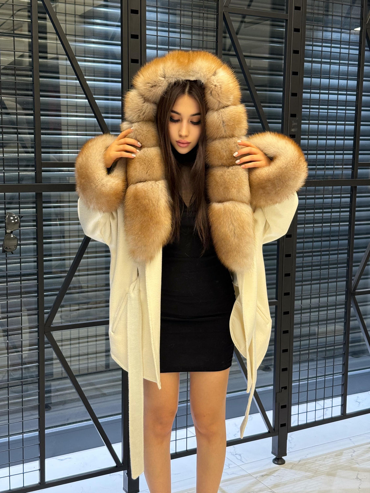 White Zibellino Virgin Wool Alpaca Coat, Women’s Hood Cuffs Fox Fur Jacket