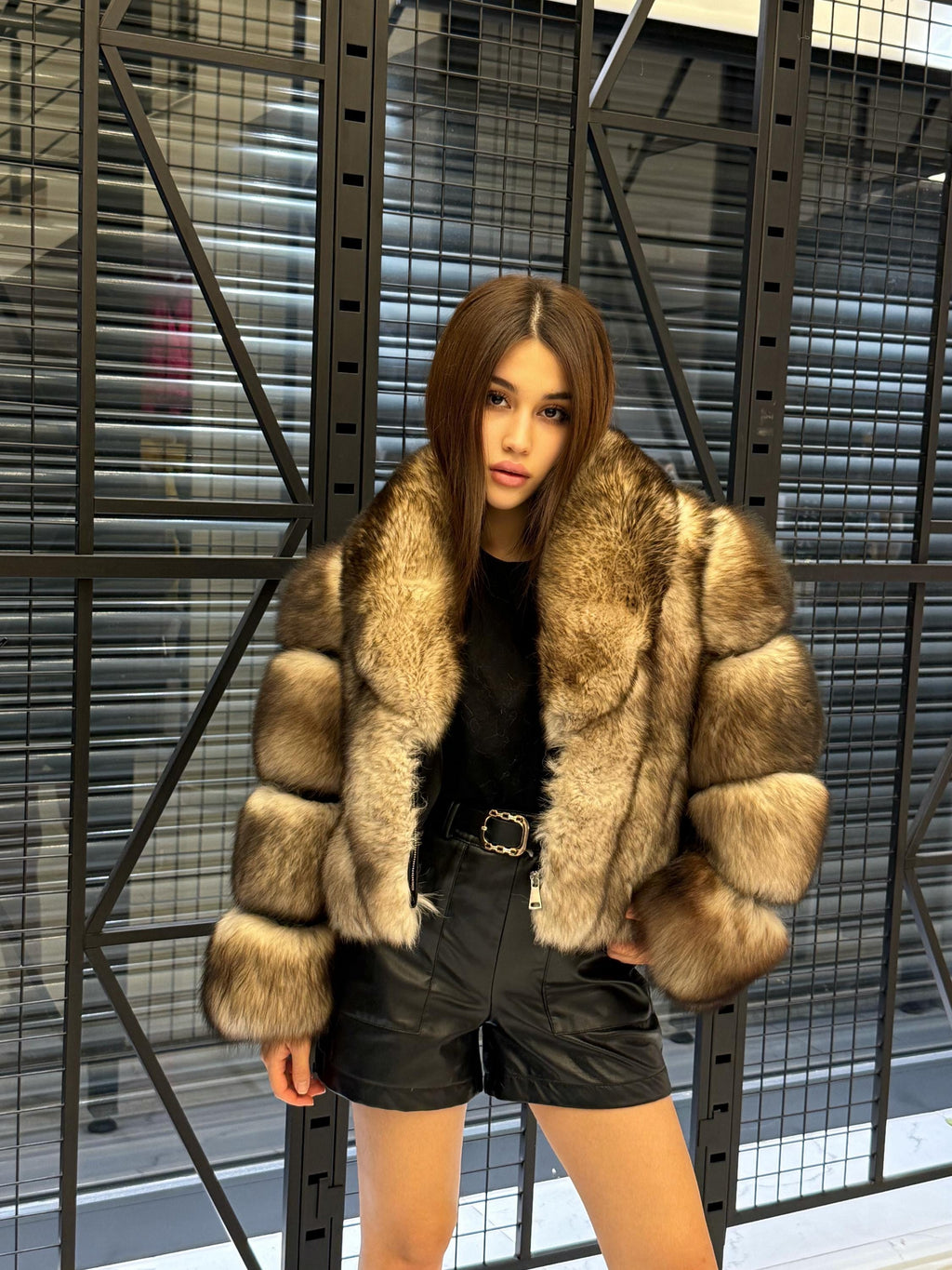 Beige Fox Fur Jacket, Short Detachable Sleeves Fox Fur Jacket, Women Fox Fur Coat