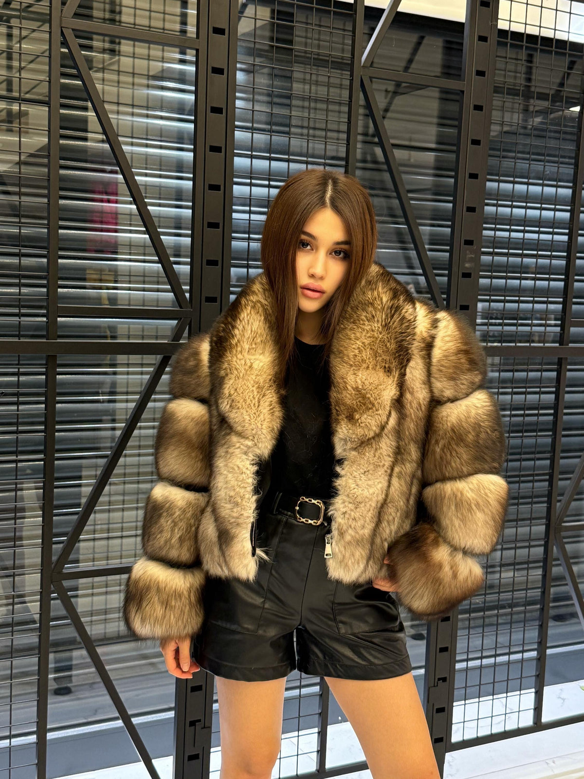 Beige Fox Fur Jacket, Short Detachable Sleeves Fox Fur Jacket, Women Fox Fur Coat