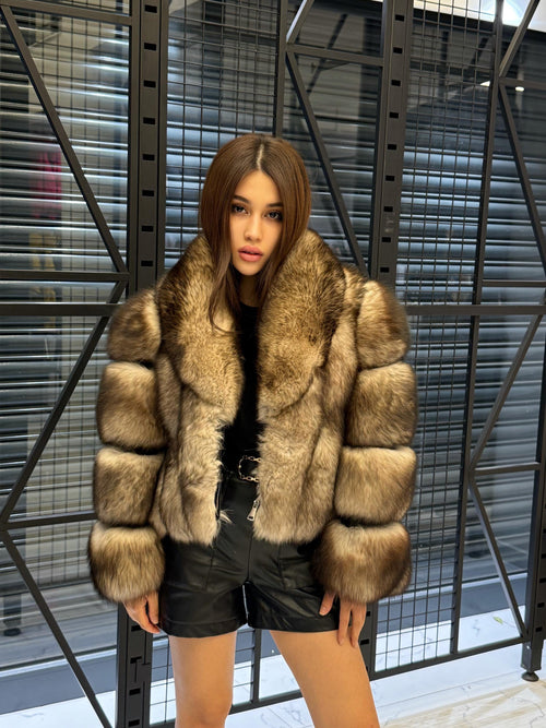Beige Fox Fur Jacket, Short Detachable Sleeves Fox Fur Jacket, Women Fox Fur Coat