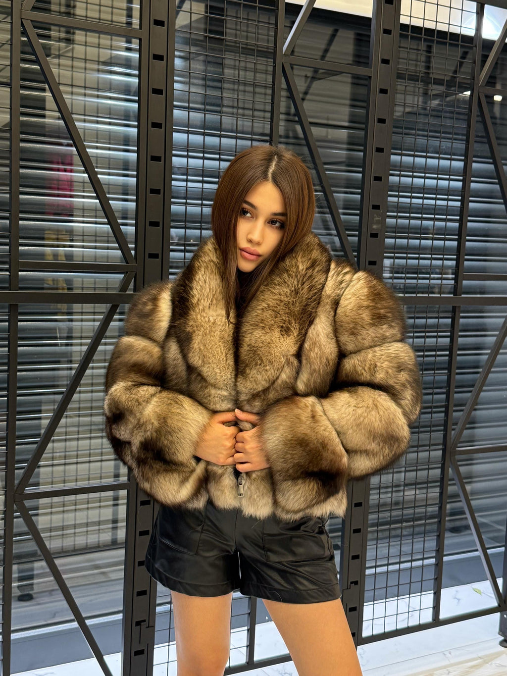 Beige Fox Fur Jacket, Short Detachable Sleeves Fox Fur Jacket, Women Fox Fur Coat