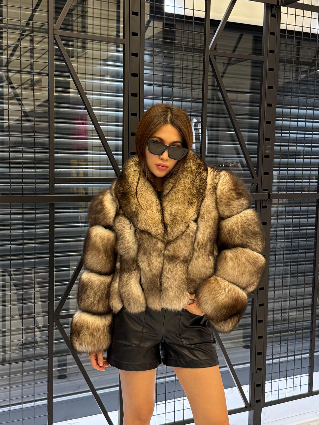 Beige Fox Fur Jacket, Short Detachable Sleeves Fox Fur Jacket, Women Fox Fur Coat