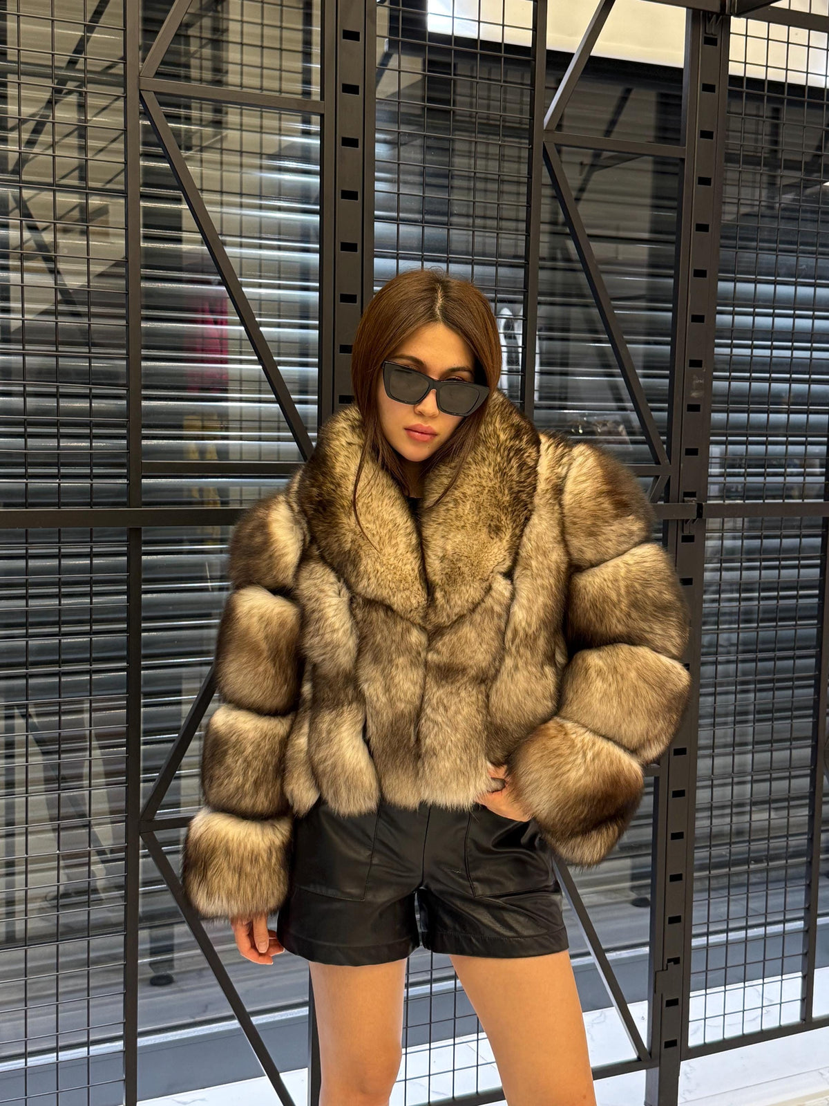 Beige Fox Fur Jacket, Short Detachable Sleeves Fox Fur Jacket, Women Fox Fur Coat