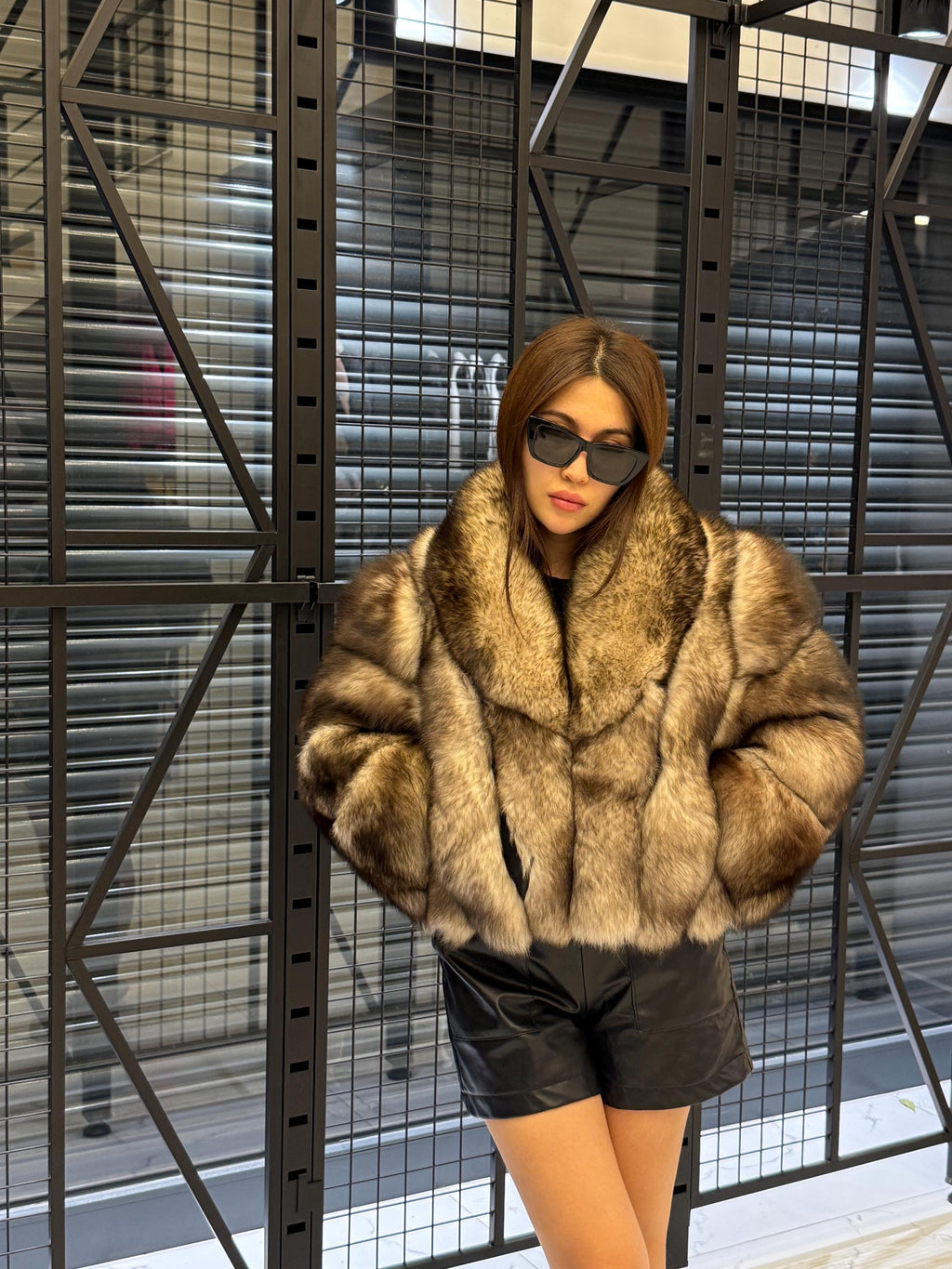 Beige Fox Fur Jacket, Short Detachable Sleeves Fox Fur Jacket, Women Fox Fur Coat