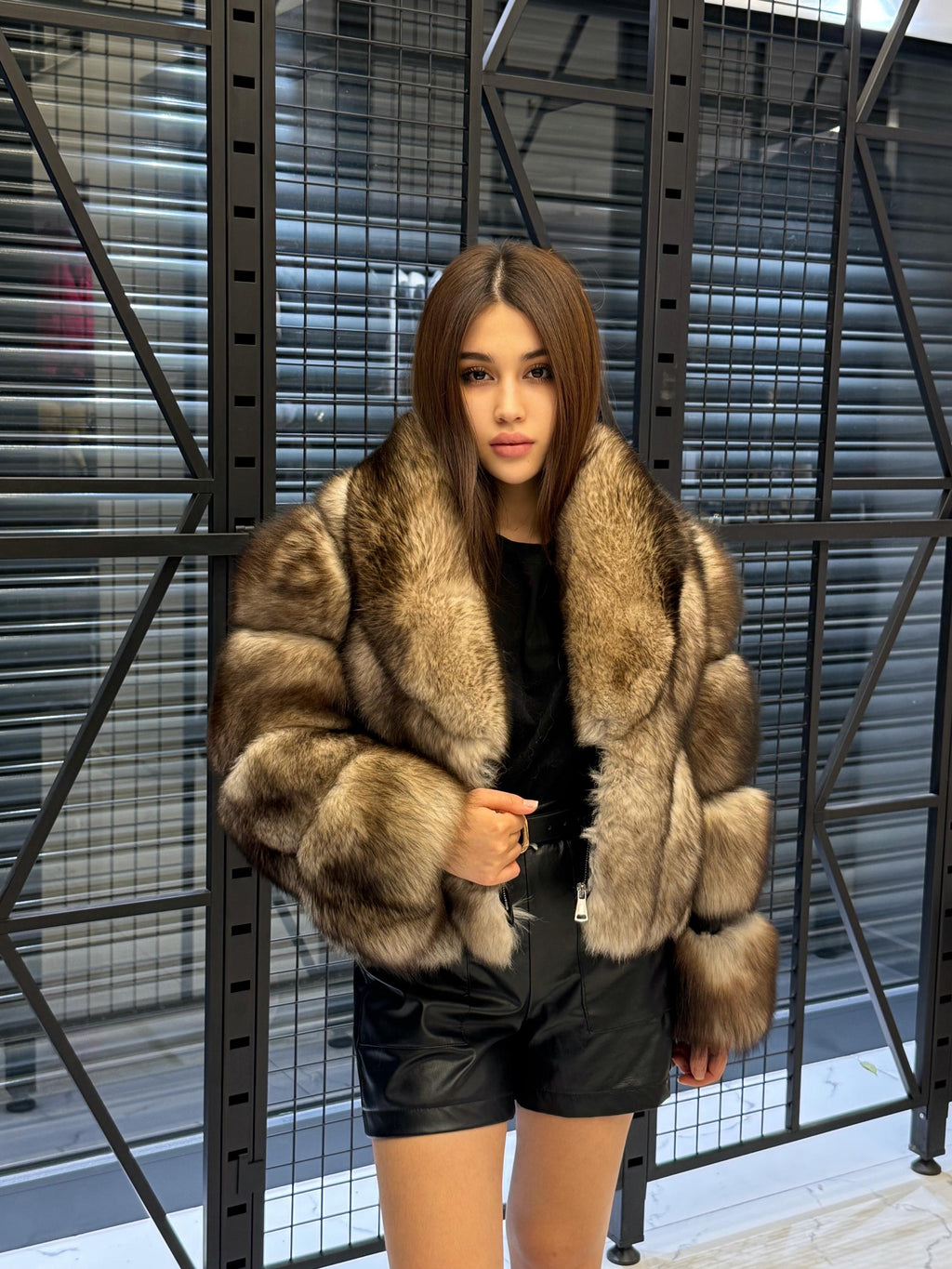Beige Fox Fur Jacket, Short Detachable Sleeves Fox Fur Jacket, Women Fox Fur Coat