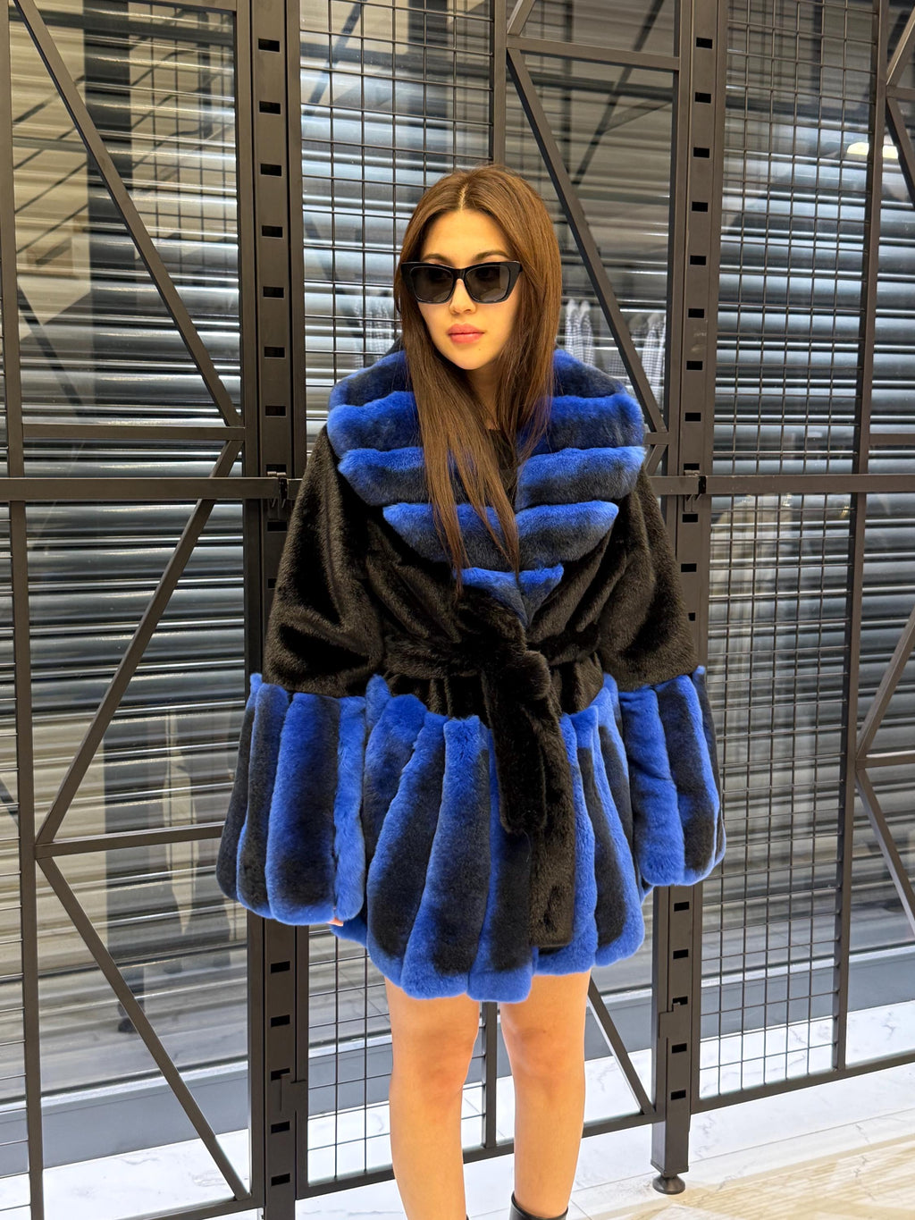 Women’s Black Faux Mink Fur Coat: Handmade Genuine Sax Blue Rex Fur Trim Jacket