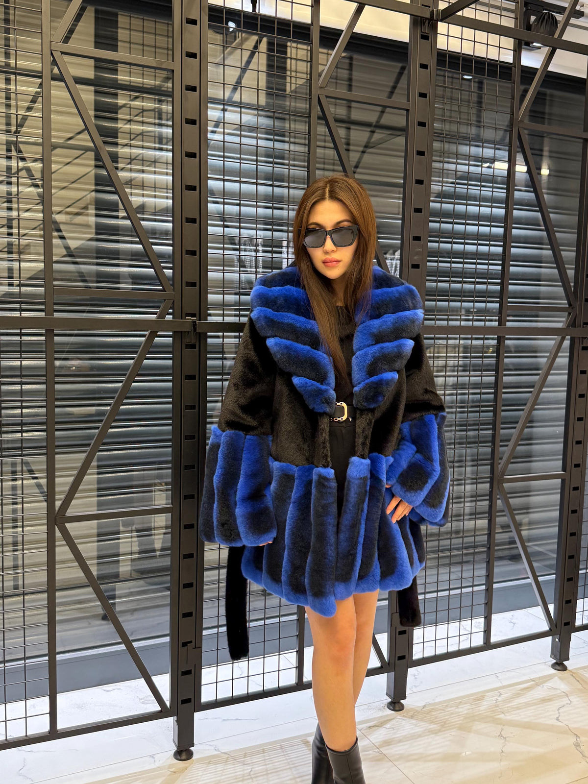 Women’s Black Faux Mink Fur Coat: Handmade Genuine Sax Blue Rex Fur Trim Jacket