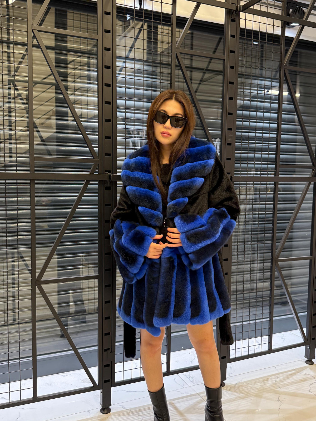 Women’s Black Faux Mink Fur Coat: Handmade Genuine Sax Blue Rex Fur Trim Jacket