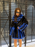 Women’s Black Faux Mink Fur Coat: Handmade Genuine Sax Blue Rex Fur Trim Jacket