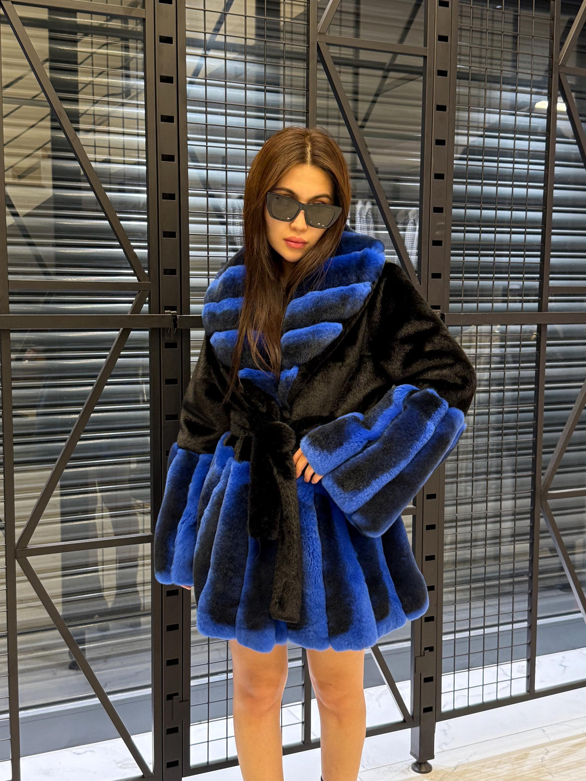 Women’s Black Faux Mink Fur Coat: Handmade Genuine Sax Blue Rex Fur Trim Jacket