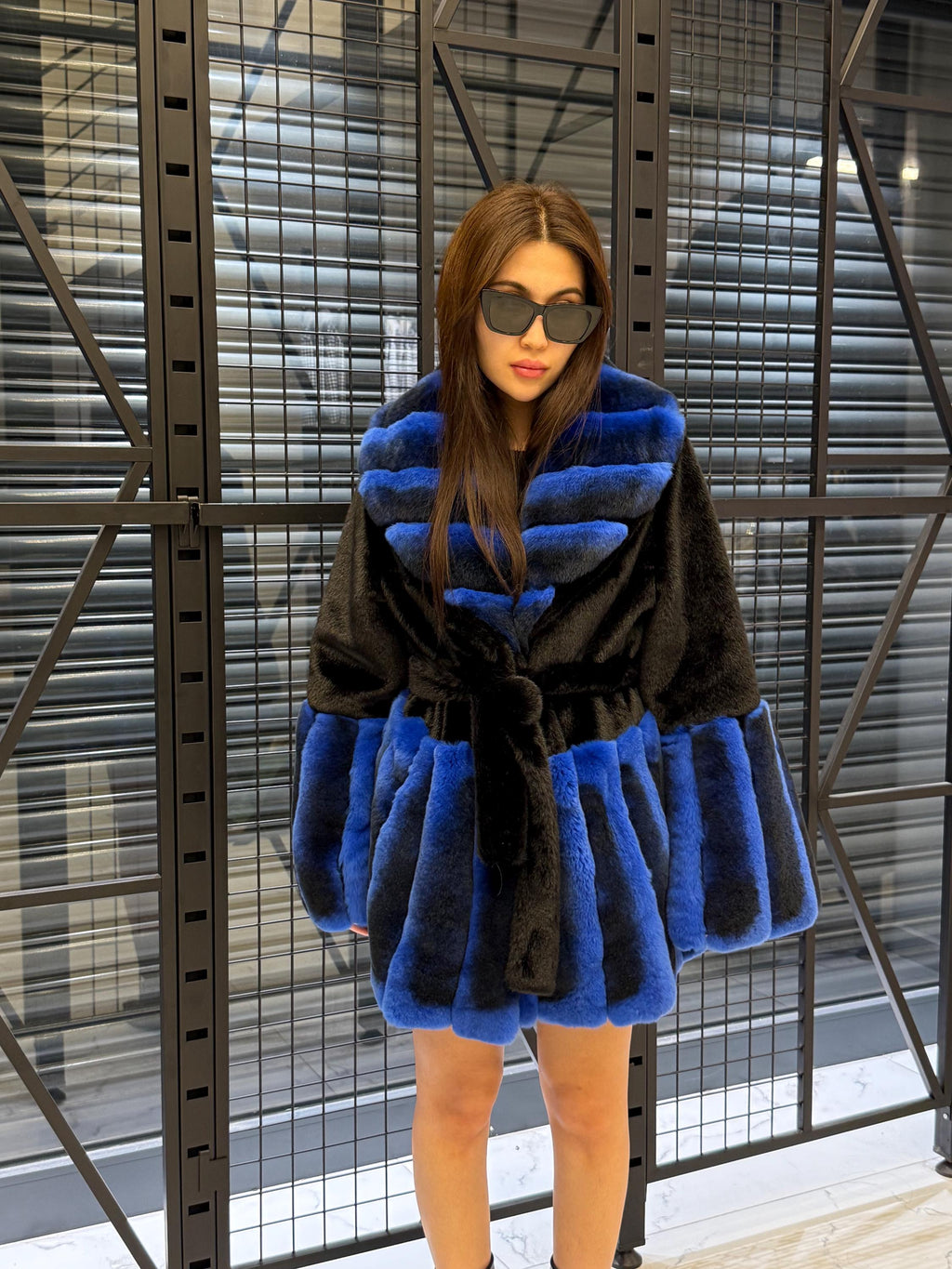 Women’s Black Faux Mink Fur Coat: Handmade Genuine Sax Blue Rex Fur Trim Jacket