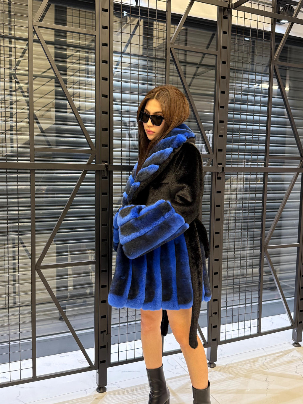Women’s Black Faux Mink Fur Coat: Handmade Genuine Sax Blue Rex Fur Trim Jacket