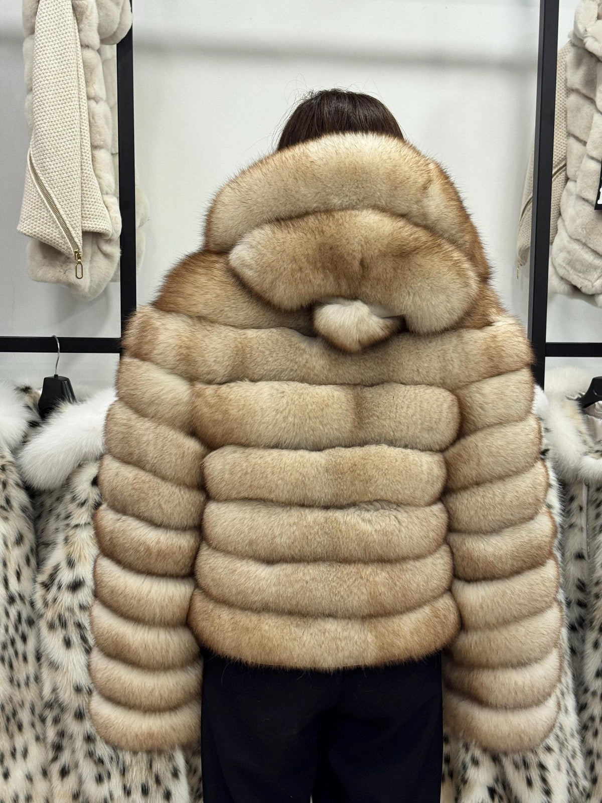 Women’s Beige Fox Fur Jacket, Luxury Hooded Fur Coat With Detachable Sleeves