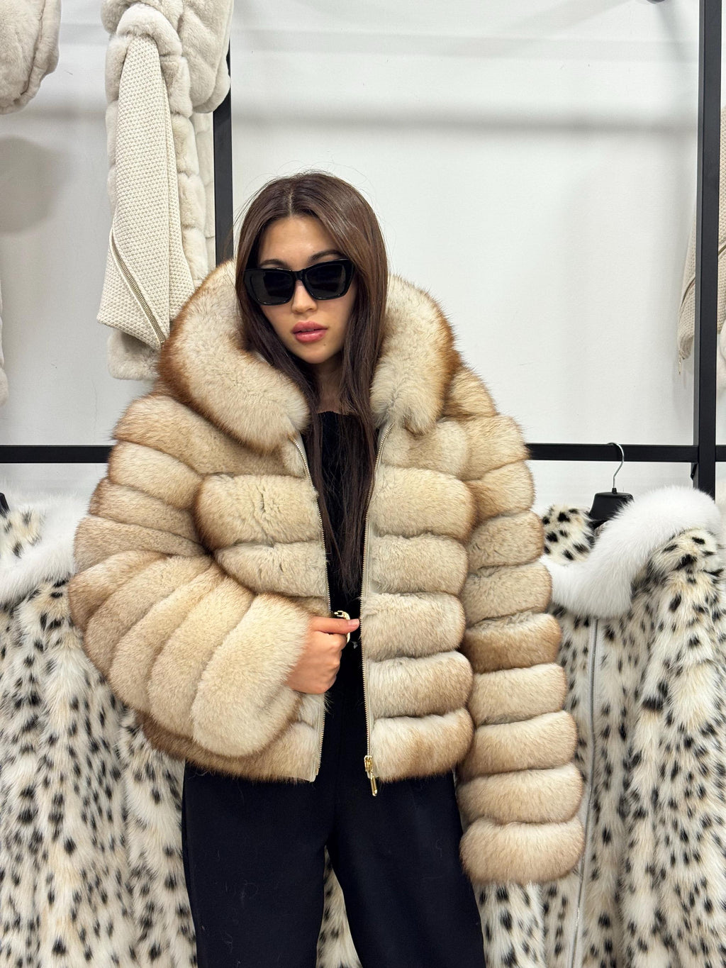 Women’s Beige Fox Fur Jacket, Luxury Hooded Fur Coat With Detachable Sleeves