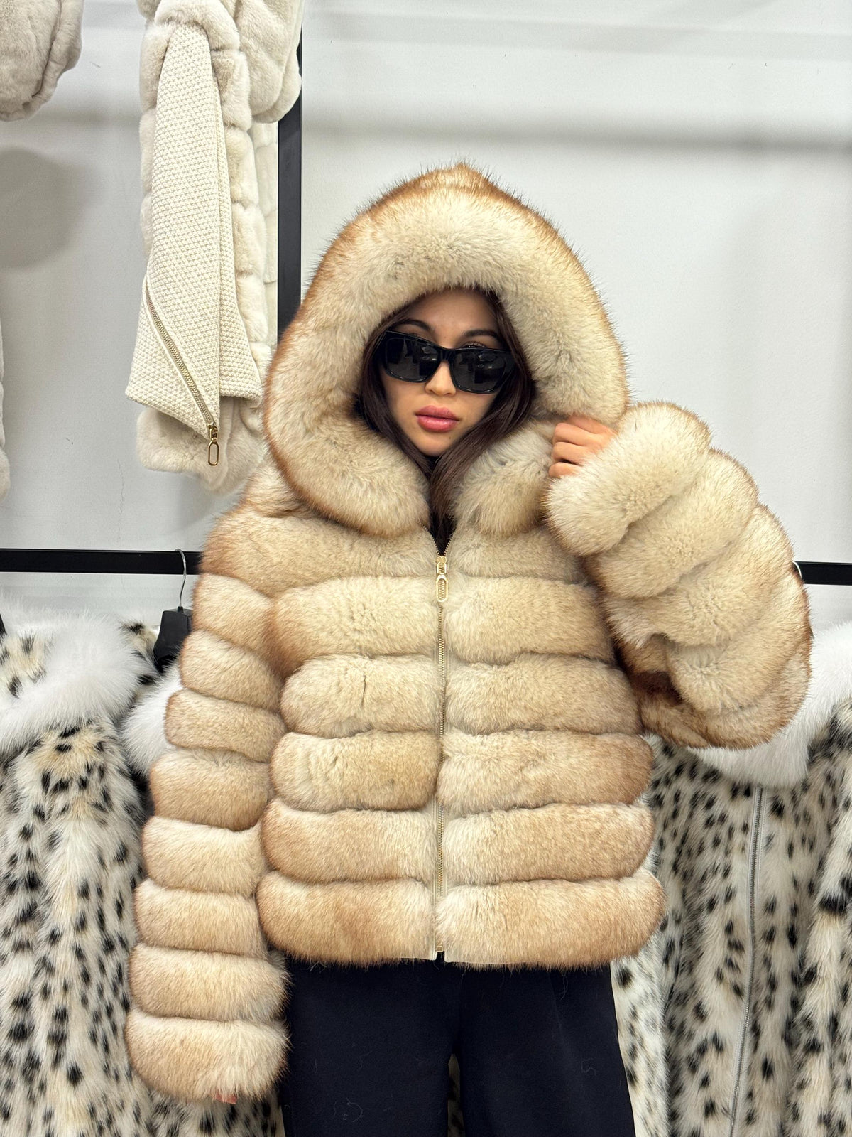Women’s Beige Fox Fur Jacket, Luxury Hooded Fur Coat With Detachable Sleeves