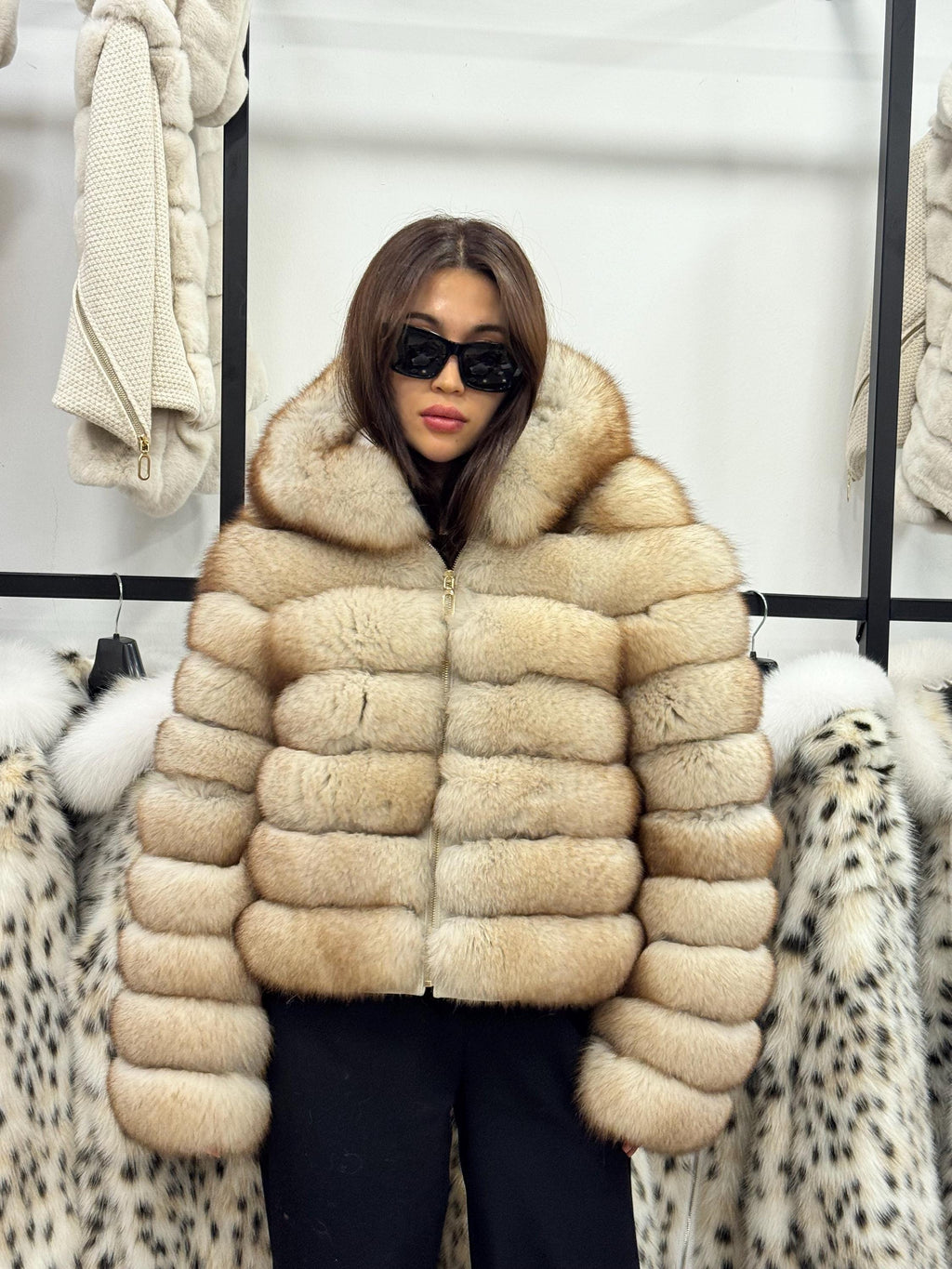 Women’s Beige Fox Fur Jacket, Luxury Hooded Fur Coat With Detachable Sleeves