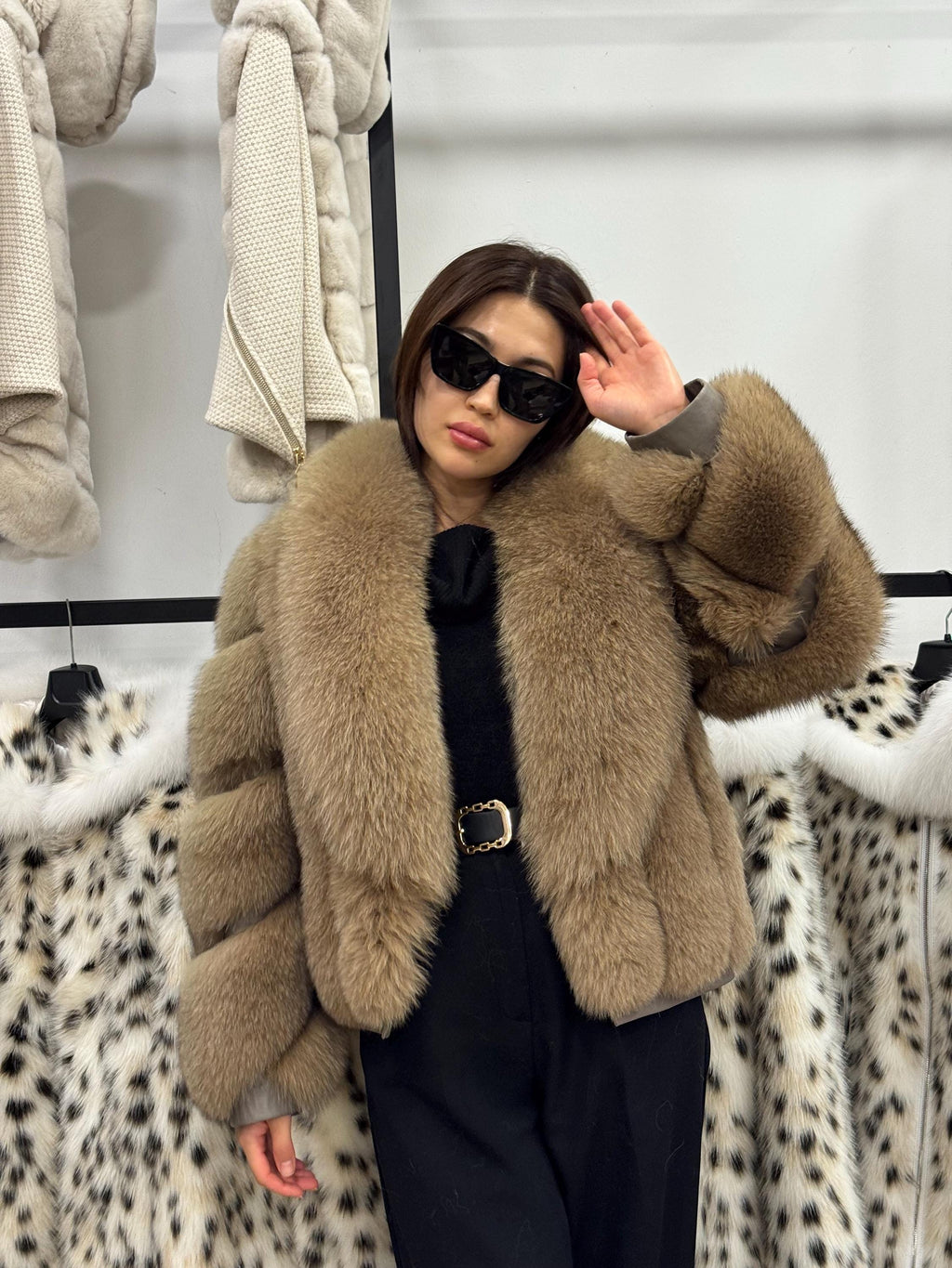 Camel Fox Fur Jacket Women, Short Handmade Fur Coat