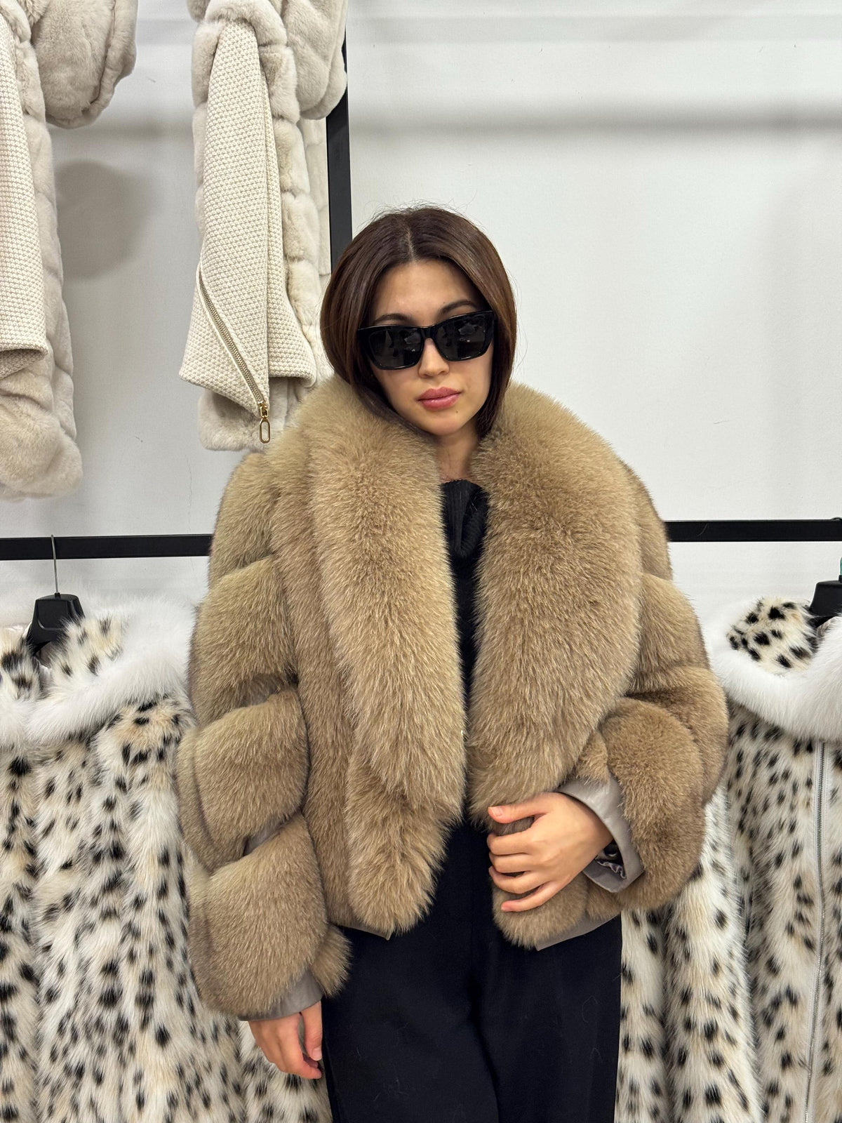 Camel Fox Fur Jacket Women, Short Handmade Fur Coat