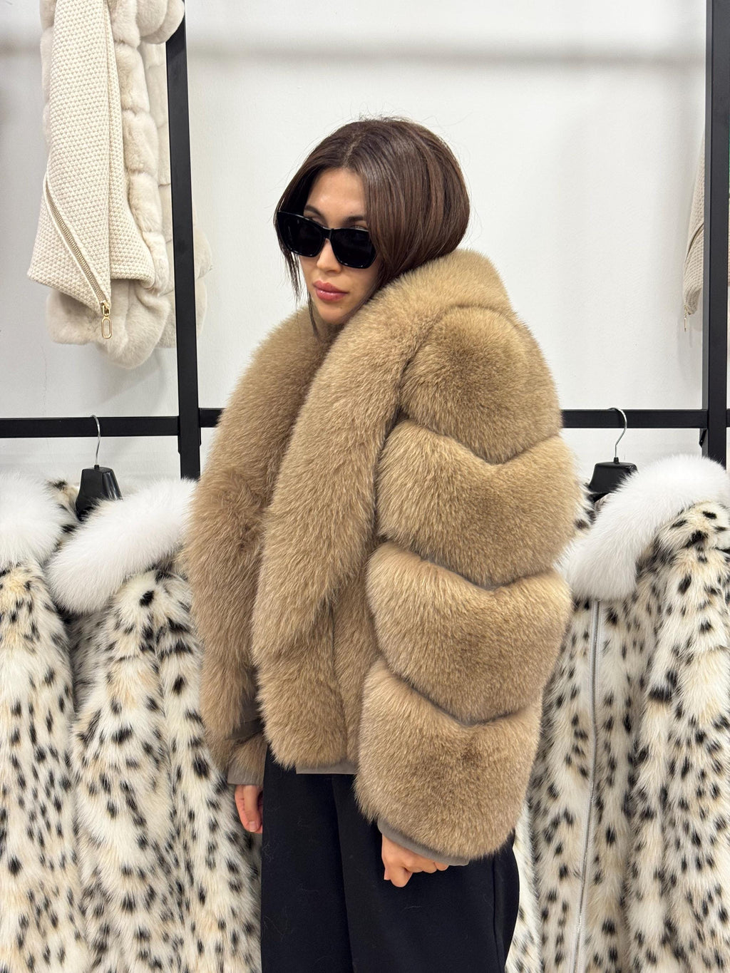 Camel Fox Fur Jacket Women, Short Handmade Fur Coat