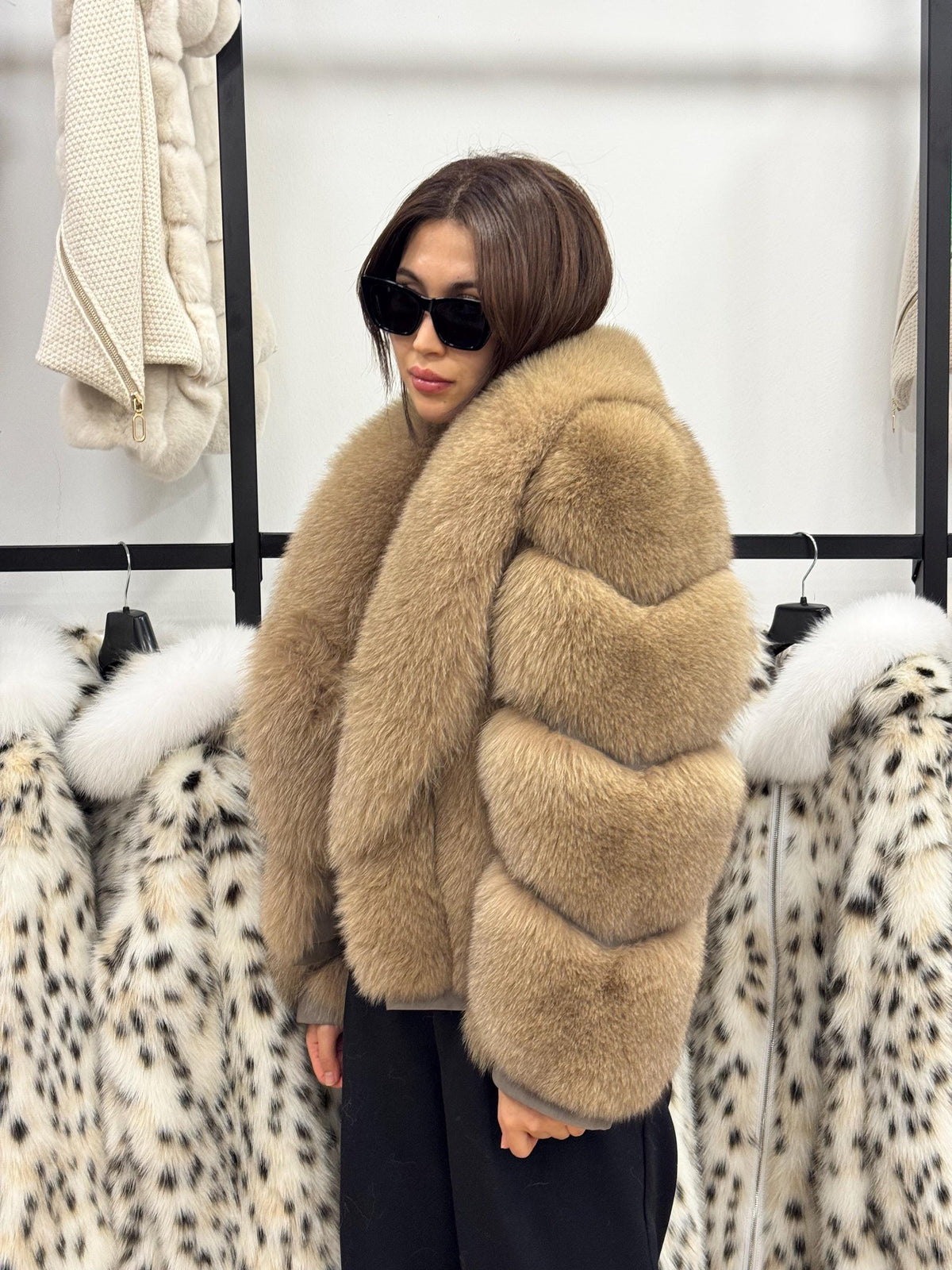 Camel Fox Fur Jacket Women, Short Handmade Fur Coat