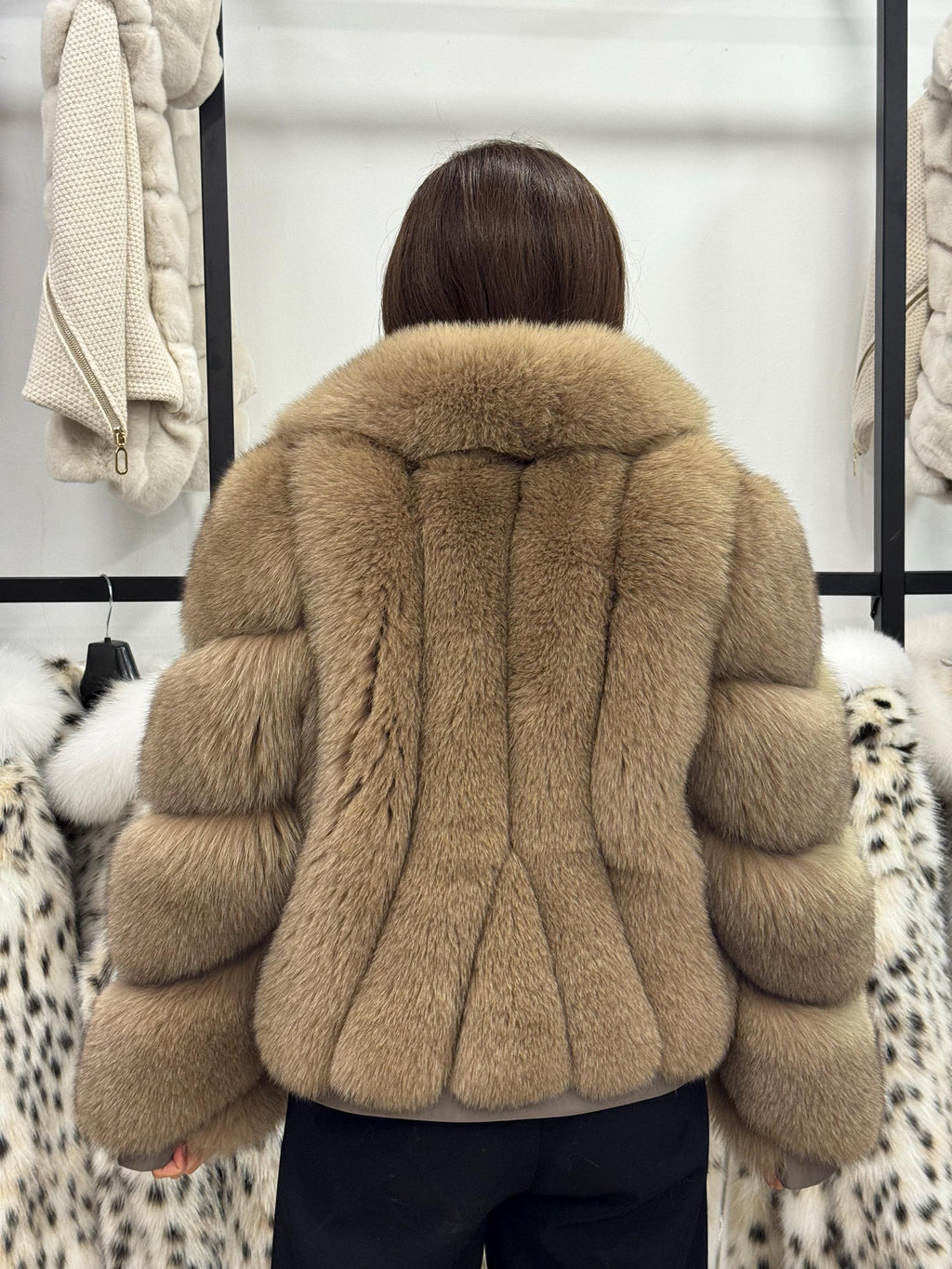 Camel Fox Fur Jacket Women, Short Handmade Fur Coat