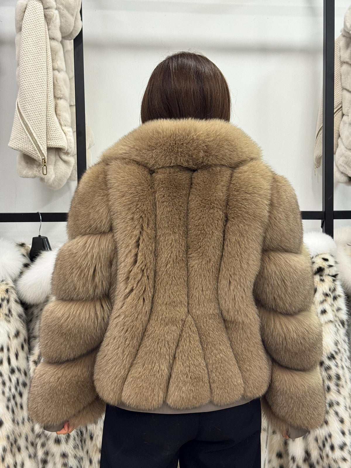 Camel Fox Fur Jacket Women, Short Handmade Fur Coat