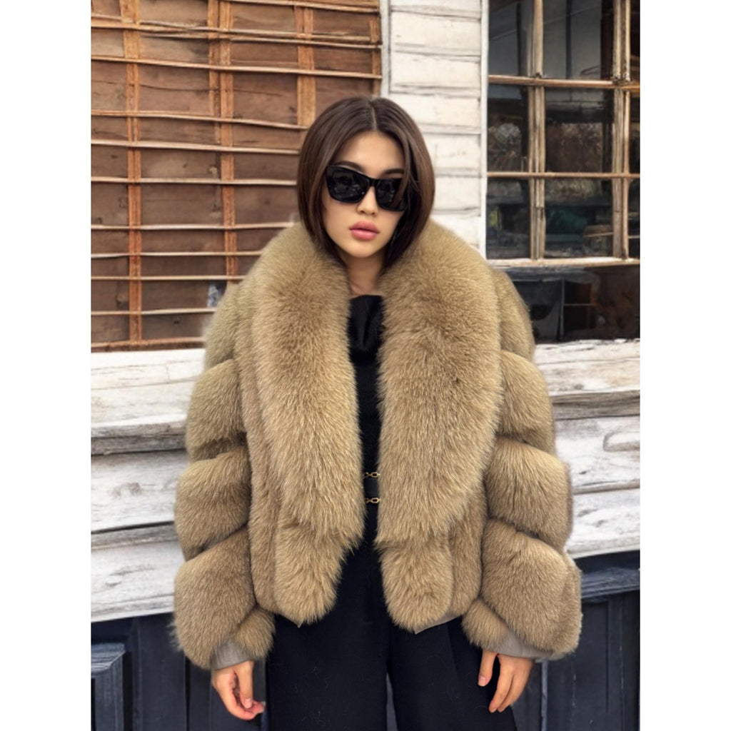Camel Fox Fur Jacket Women, Short Handmade Fur Coat