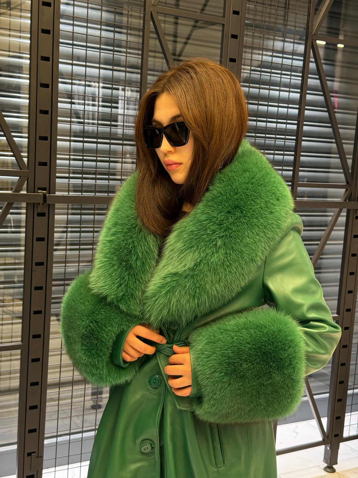 Women’s Green Long Leather Trench Coat, Luxury Collar Cuffs - Fox Fur Jacket