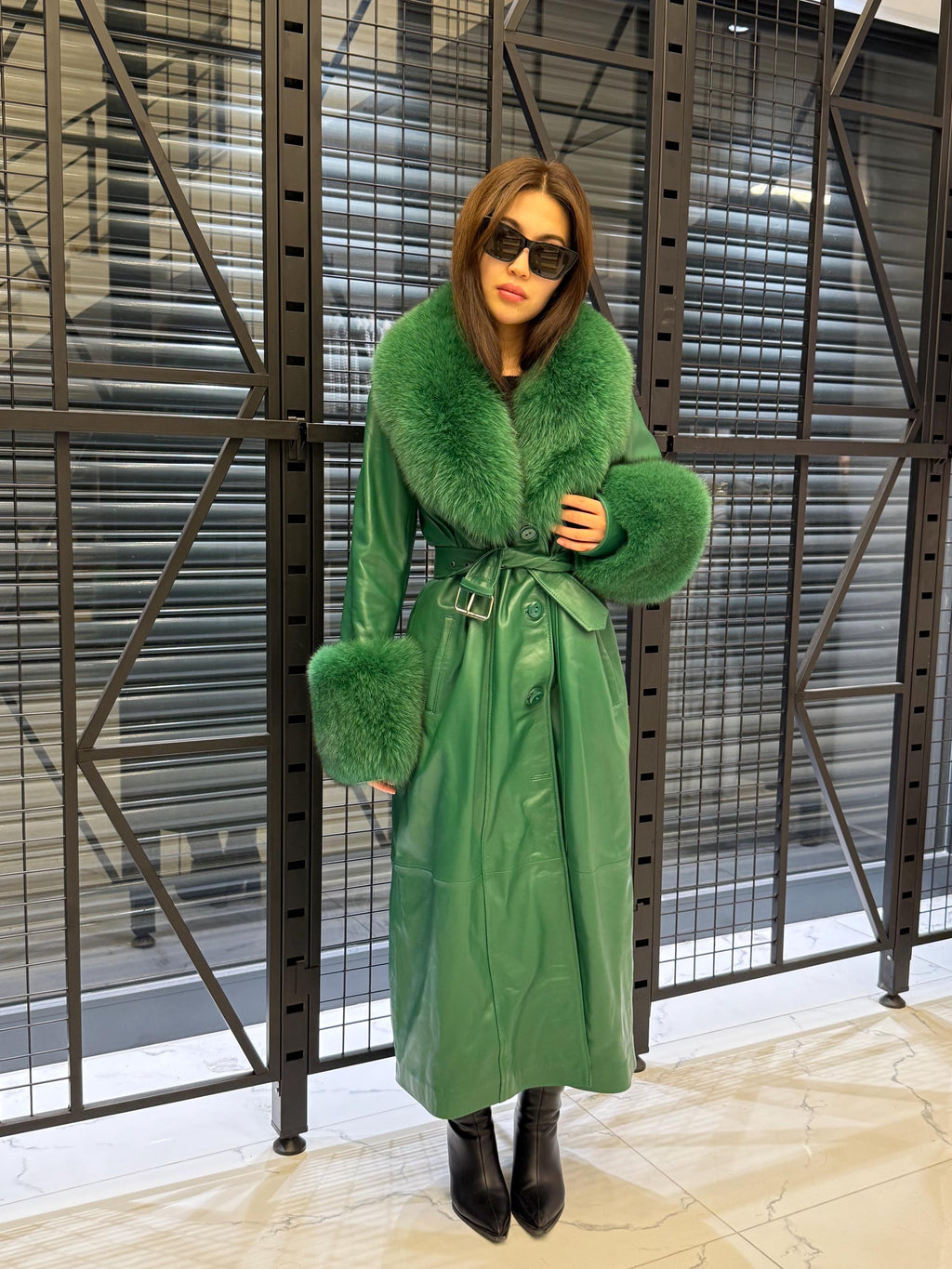 Women’s Green Long Leather Trench Coat, Luxury Collar Cuffs - Fox Fur Jacket