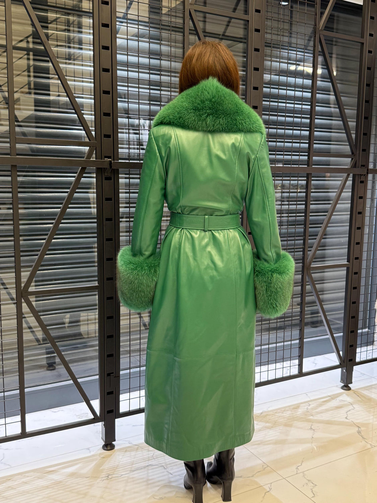 Women’s Green Long Leather Trench Coat, Luxury Collar Cuffs - Fox Fur Jacket