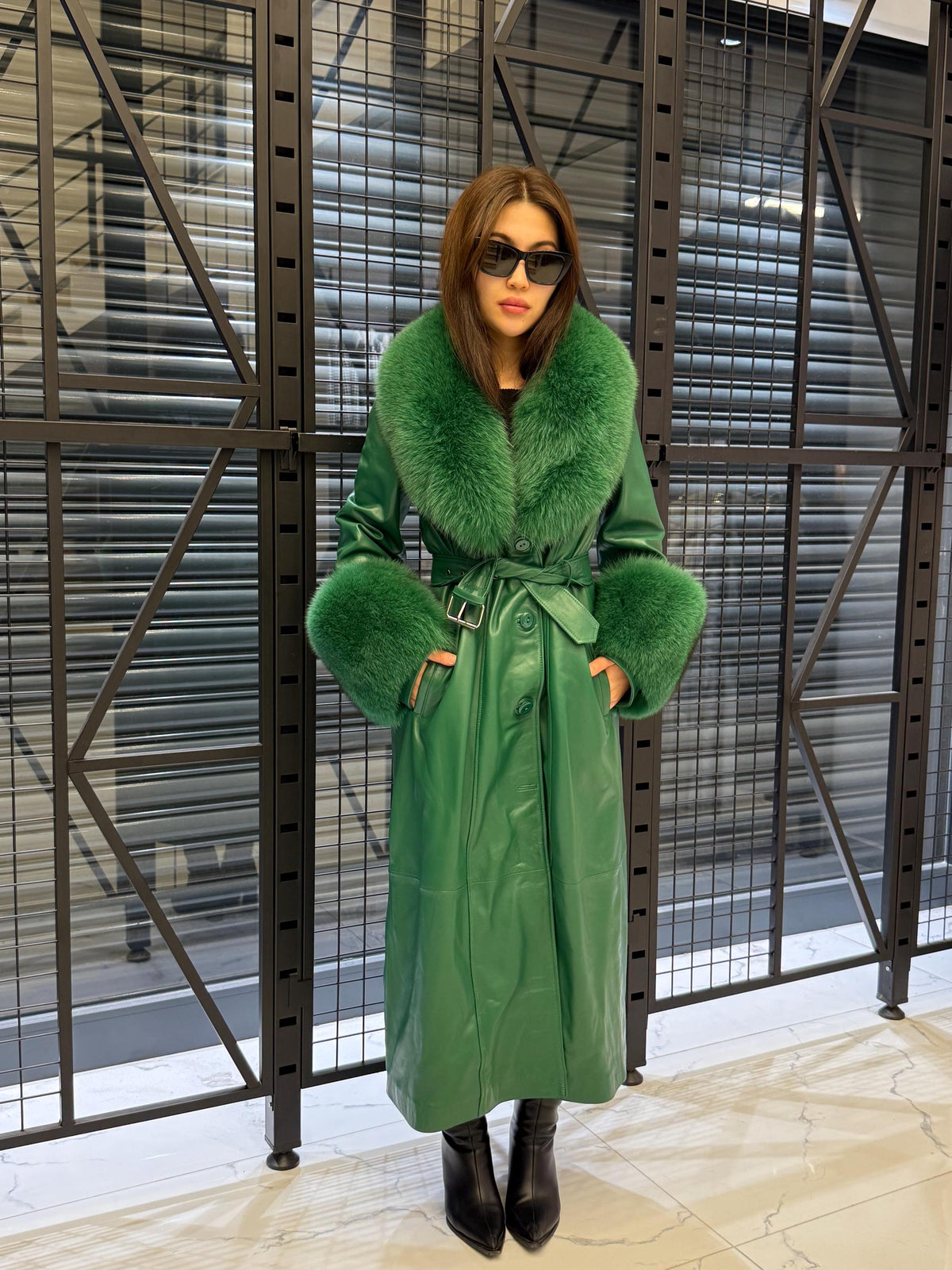 Women’s Green Long Leather Trench Coat, Luxury Collar Cuffs - Fox Fur Jacket