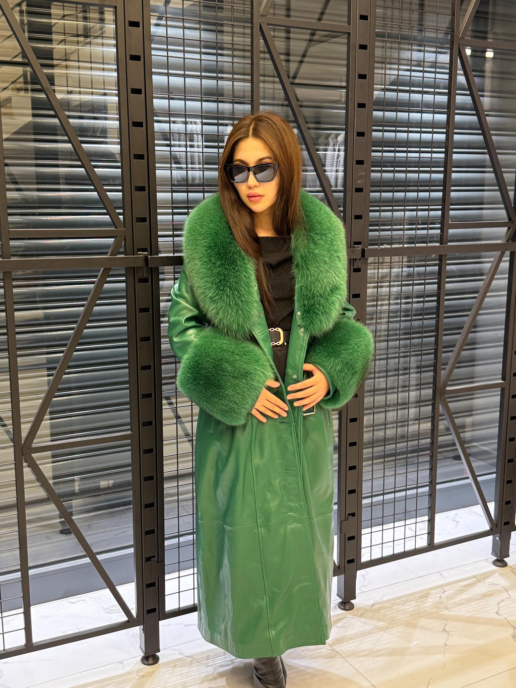 Women’s Green Long Leather Trench Coat, Luxury Collar Cuffs - Fox Fur Jacket