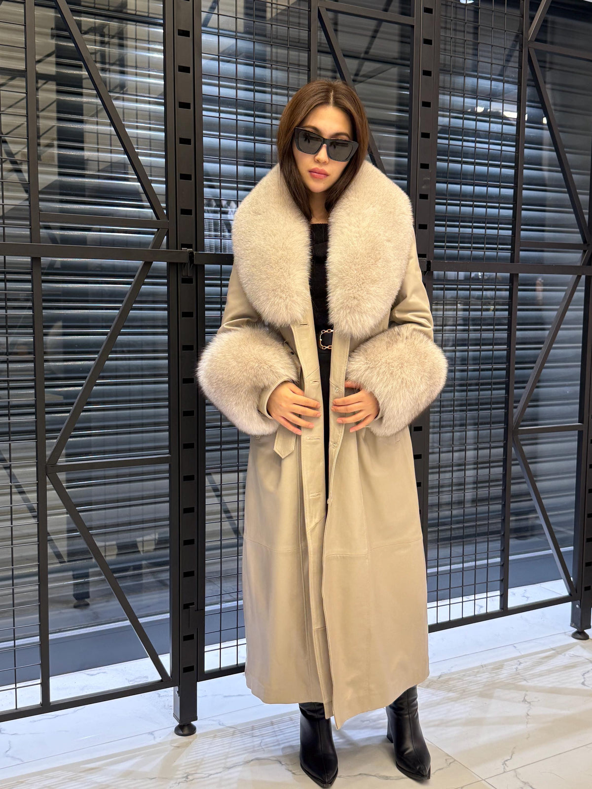 Women’s Beige Long Leather Trench Coat, Luxury Collar & Cuffs- Fox Fur Jacket