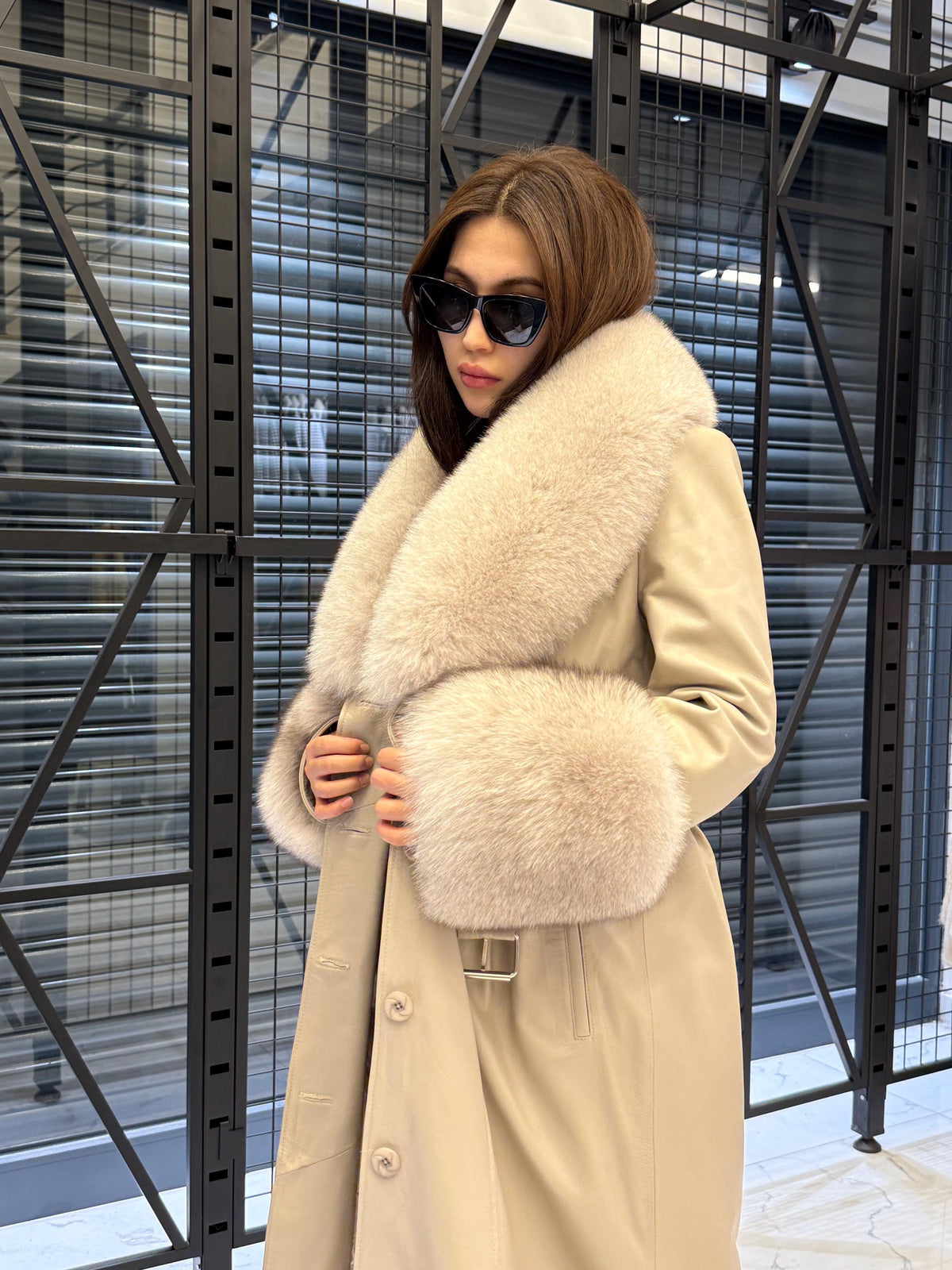 Women’s Beige Long Leather Trench Coat, Luxury Collar & Cuffs- Fox Fur Jacket