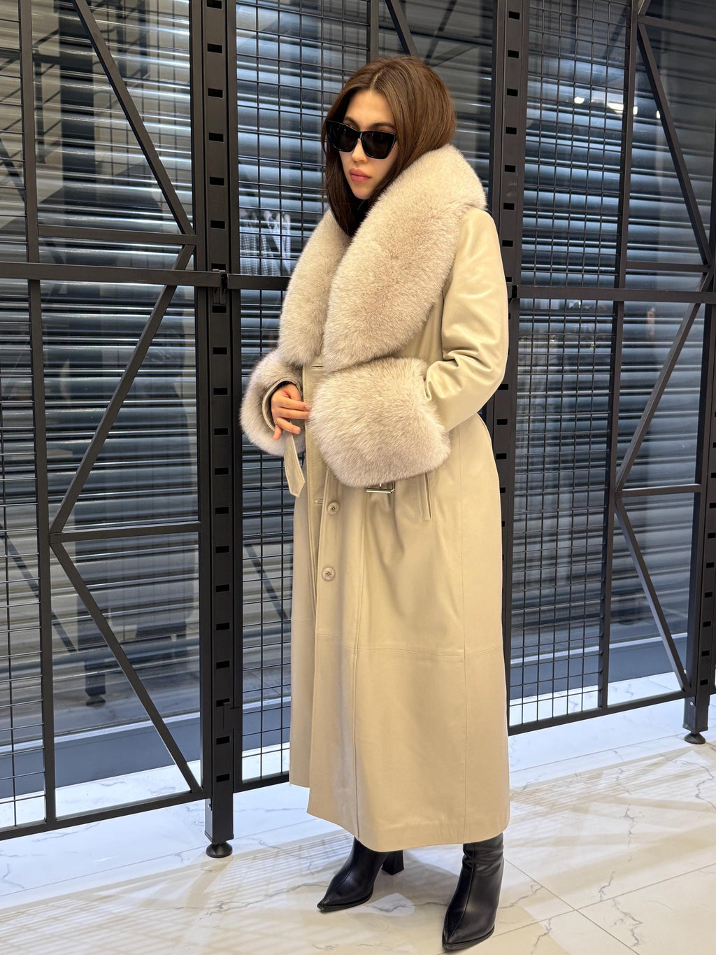 Women’s Beige Long Leather Trench Coat, Luxury Collar & Cuffs- Fox Fur Jacket