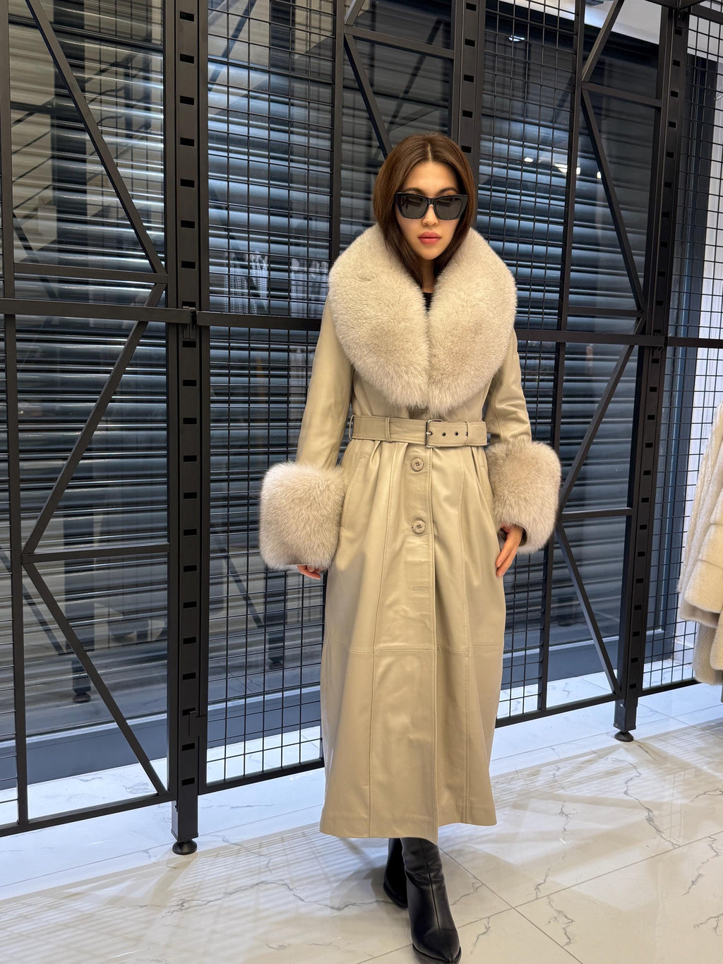 Women’s Beige Long Leather Trench Coat, Luxury Collar & Cuffs- Fox Fur Jacket